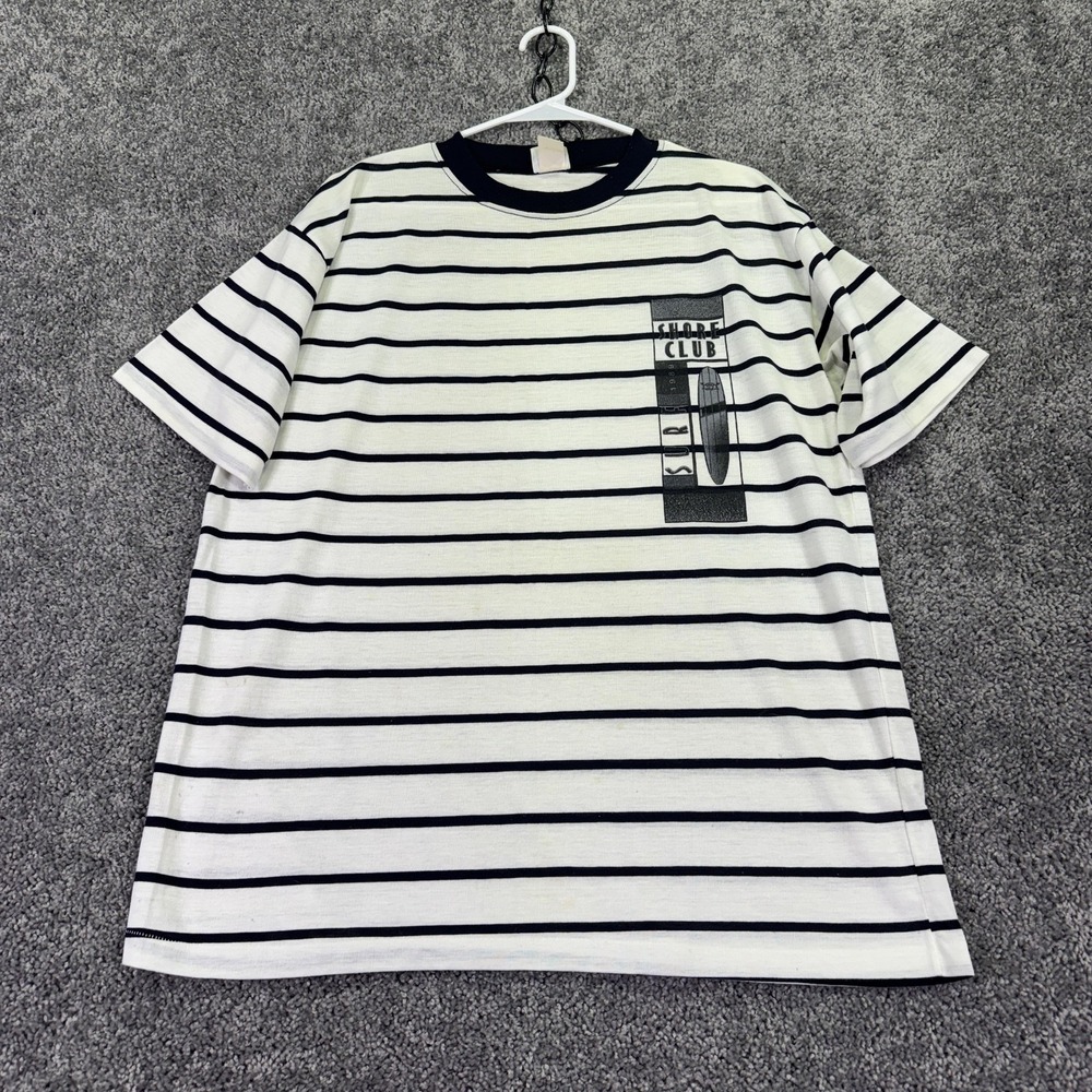 Vintage Shore Club Shirt Mens XL White Stripe Surfboard Graphic Tee Beach Retro